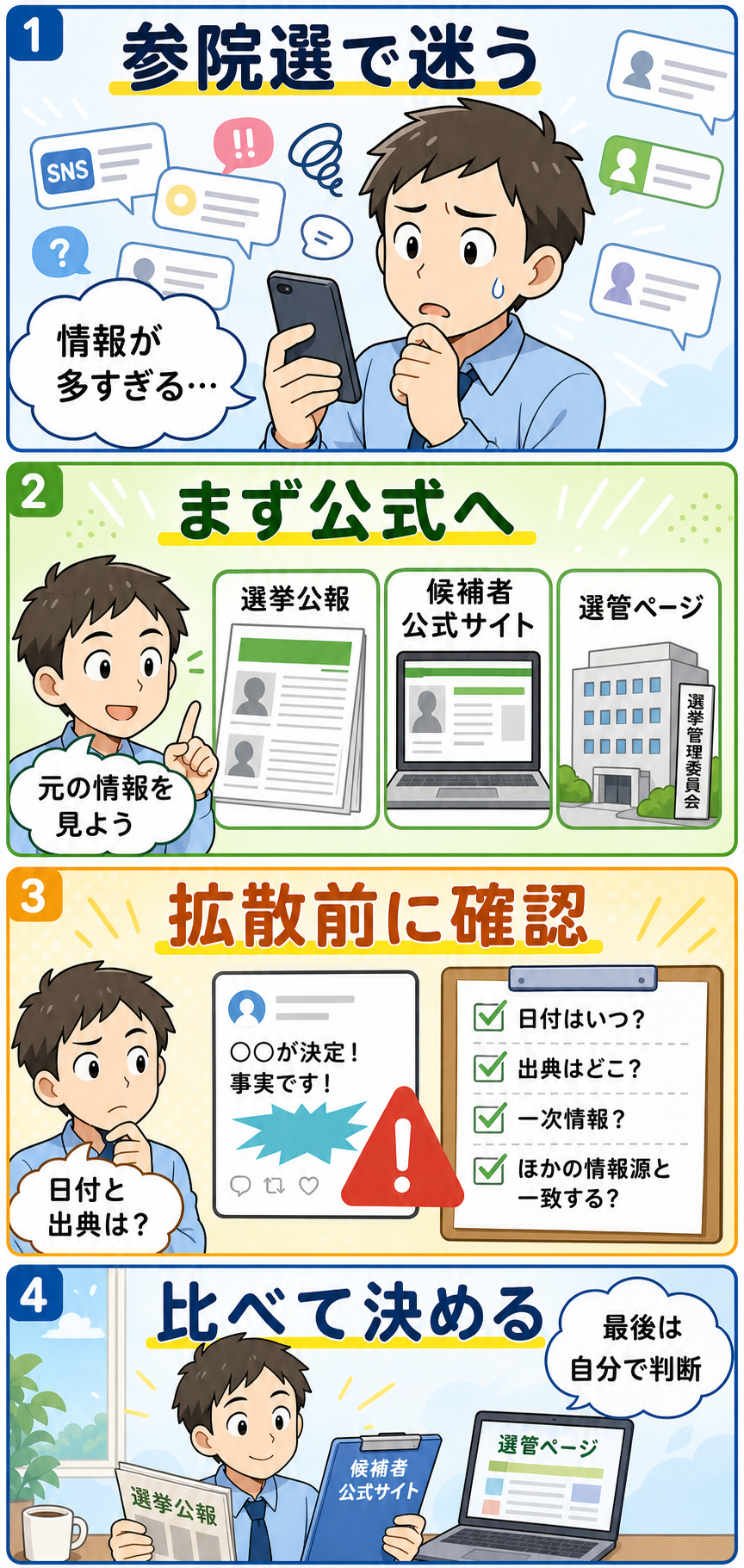 参院選の情報をSNSと公式情報で見比べる4コマ漫画