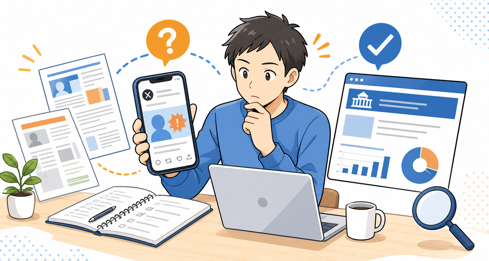 参院選の情報をスマホと資料で確認する人