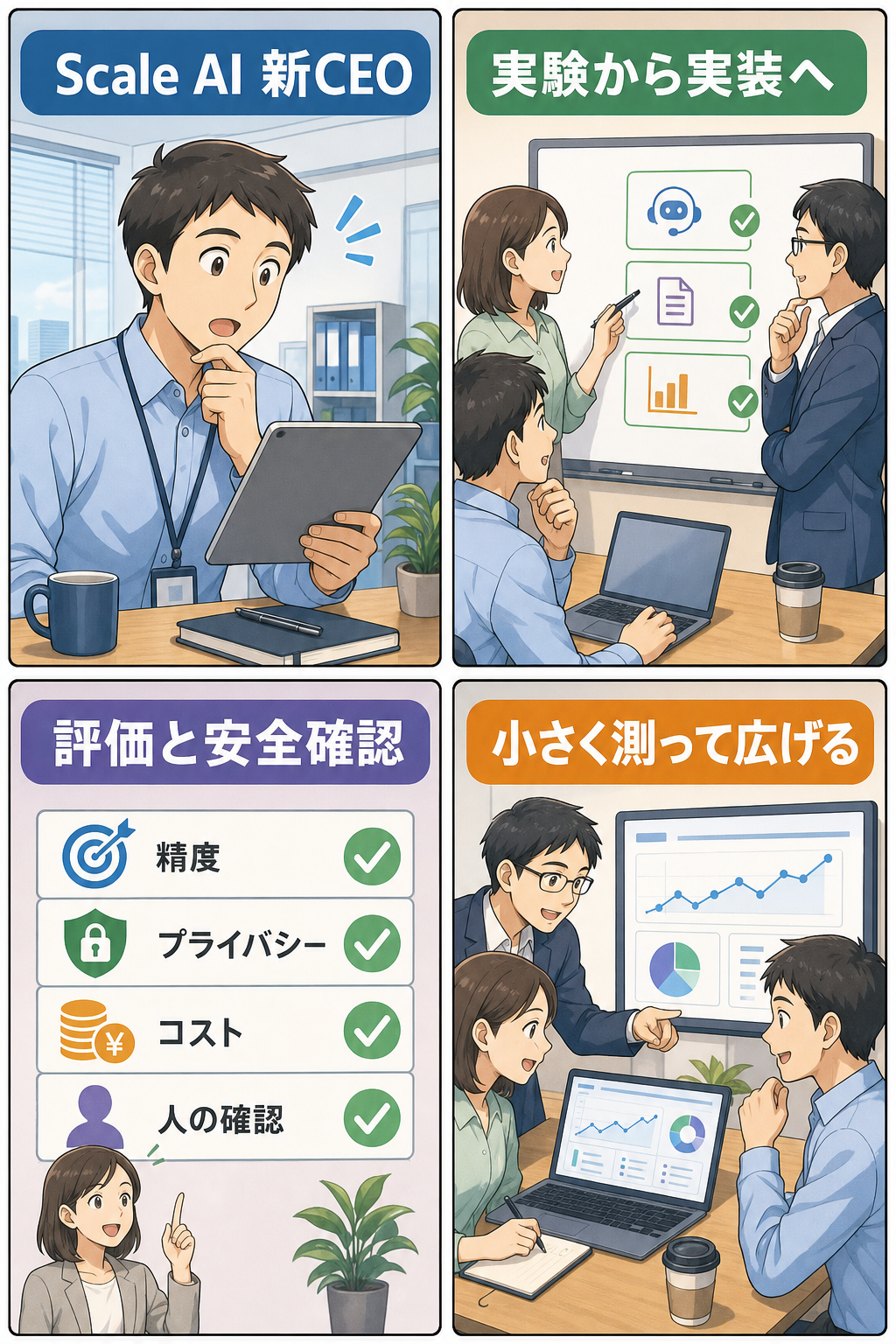 Scale AI新CEOと企業AI導入の流れを説明する4コマ漫画