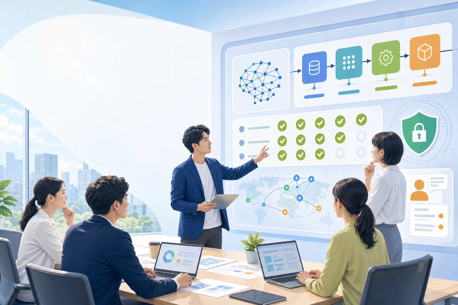 企業AI導入の評価と運用を会議で確認するビジネスチーム