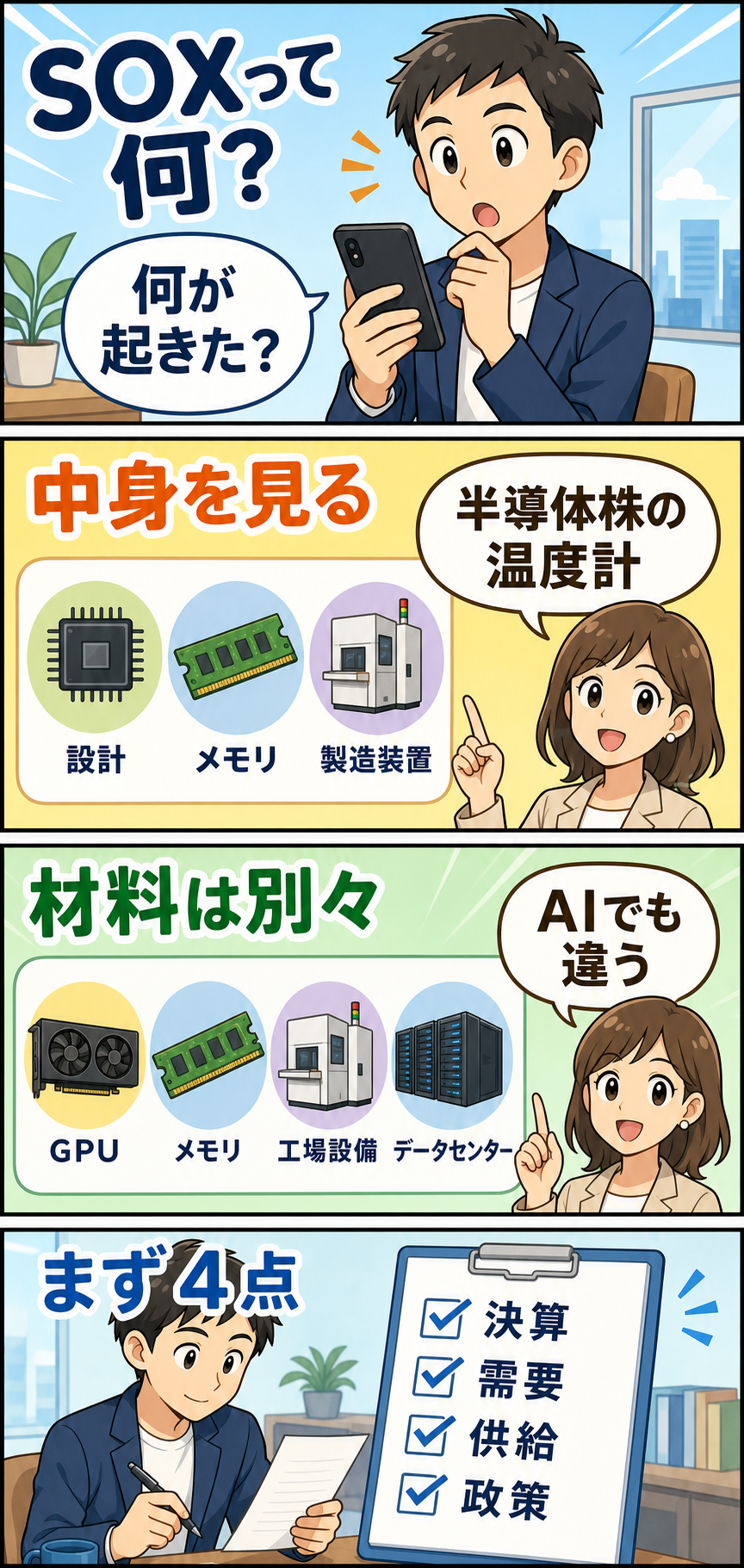 SOX指数とAI半導体ニュースの見方を4コマで整理したイラスト
