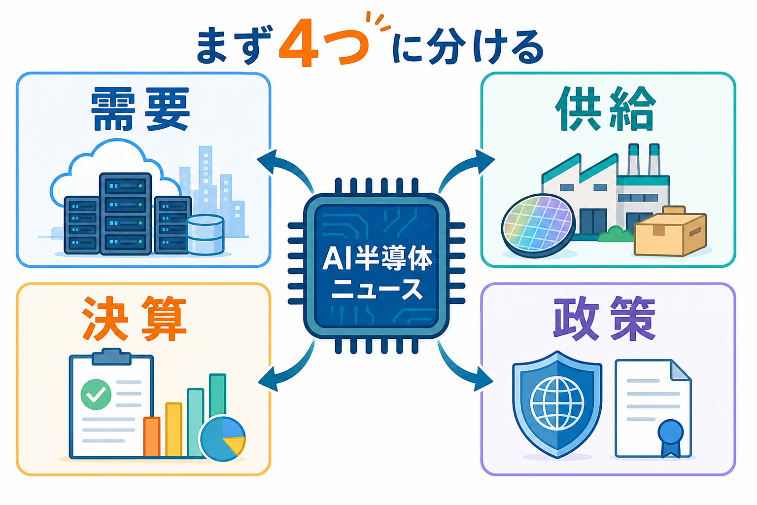 AI半導体ニュースを需要・供給・決算・政策の4項目で整理した図