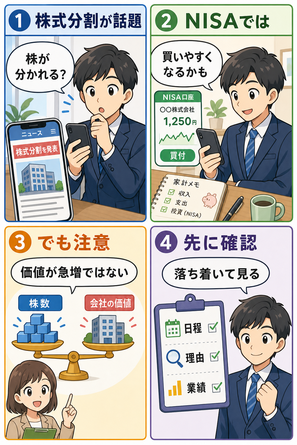 株式分割とNISAの見方を整理する4コマ漫画