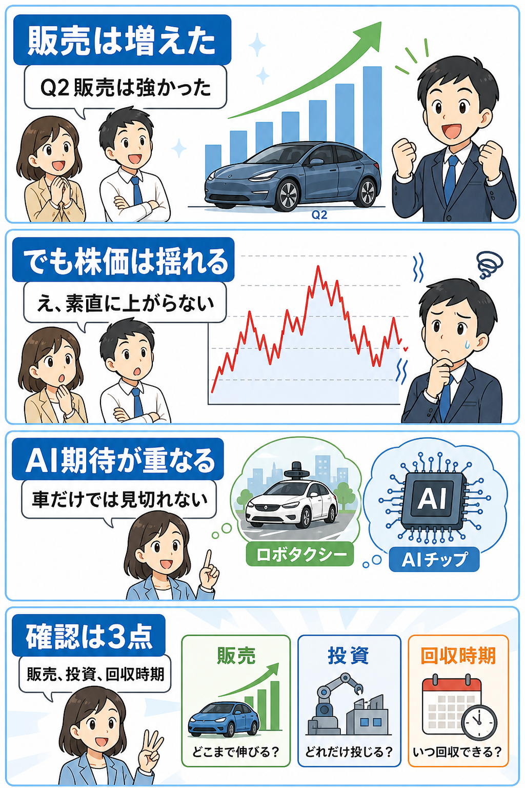 テスラ販売の回復とAI期待のずれを4コマで整理した図解