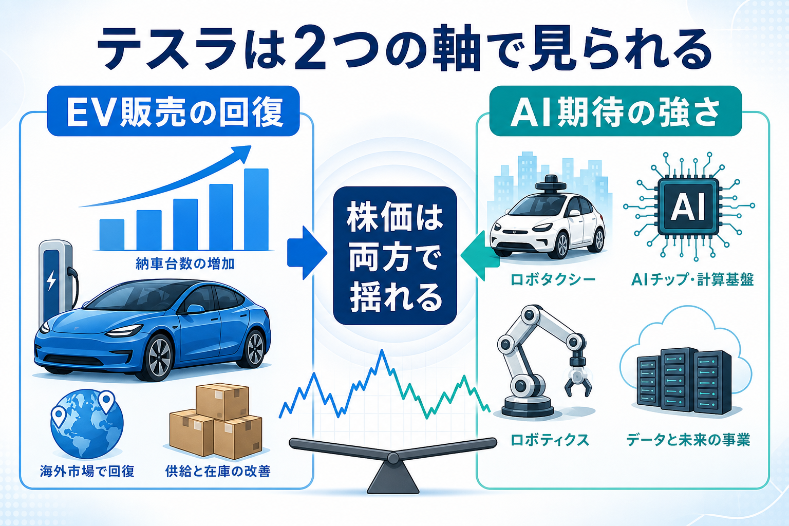 EV販売とAI期待の二つの評価軸を並べた図解