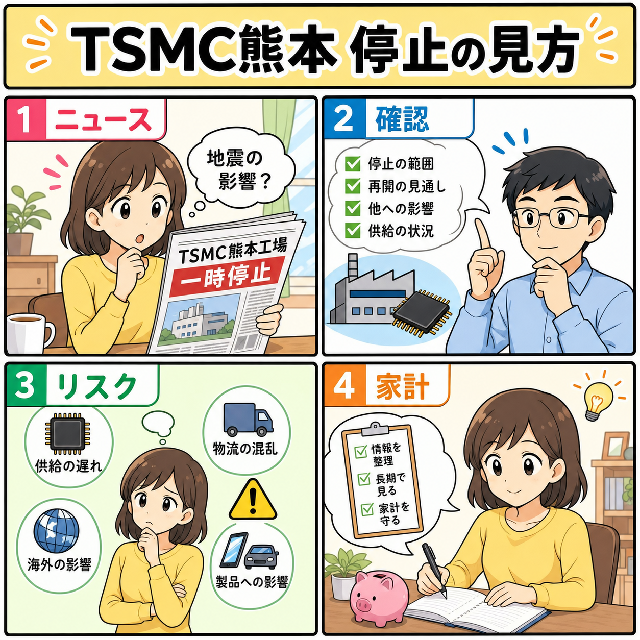 TSMC熊本工場停止の確認点を説明する4コマ漫画