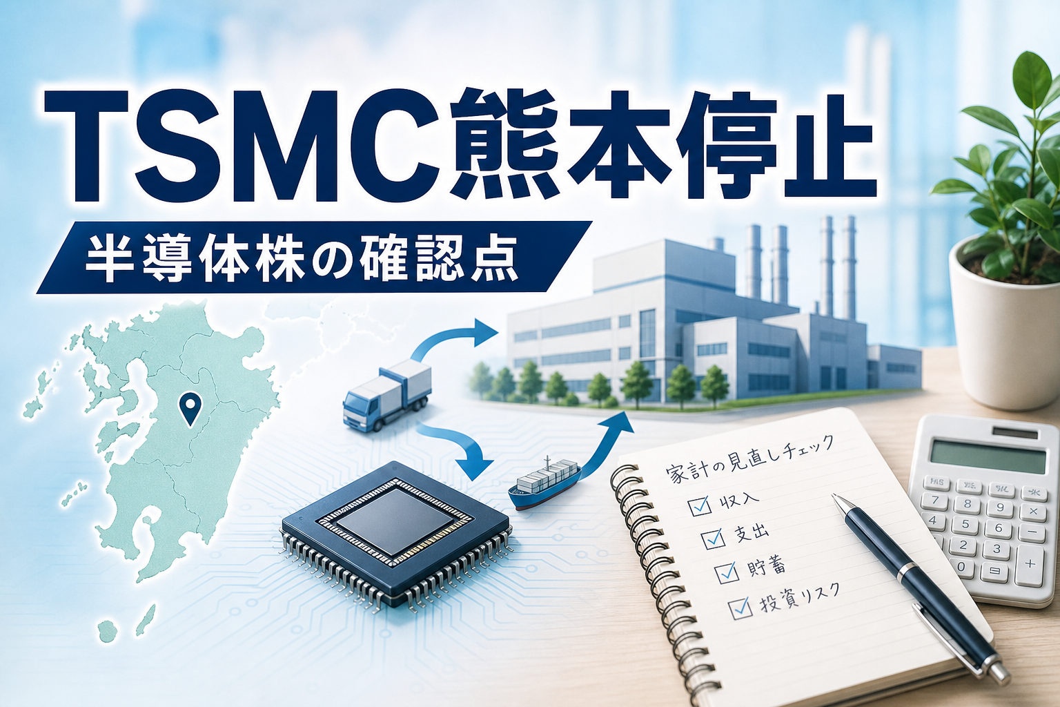 TSMC熊本停止と半導体株の確認点を示すアイキャッチ