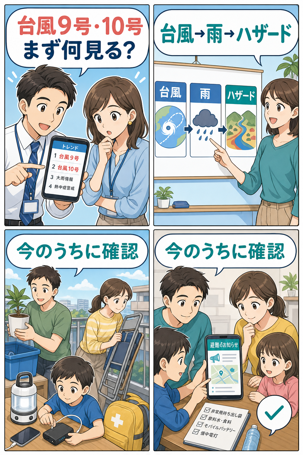 台風9号と10号の情報確認ポイントを4コマで整理したイラスト