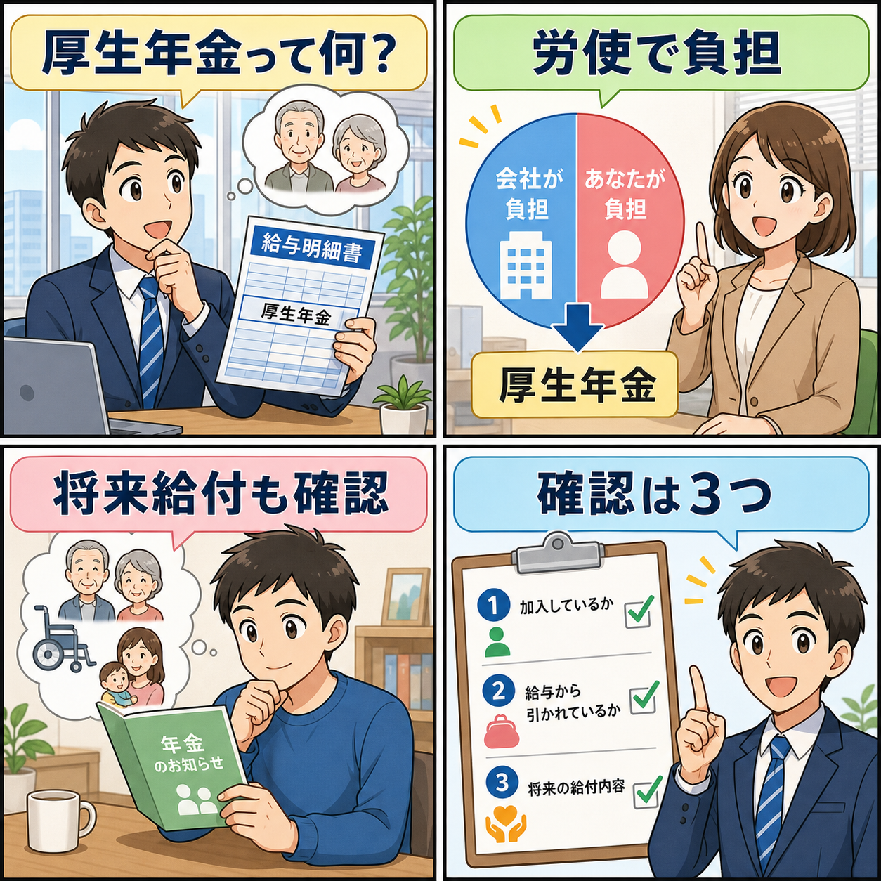 厚生年金を給与明細と将来給付で確認する4コマ漫画