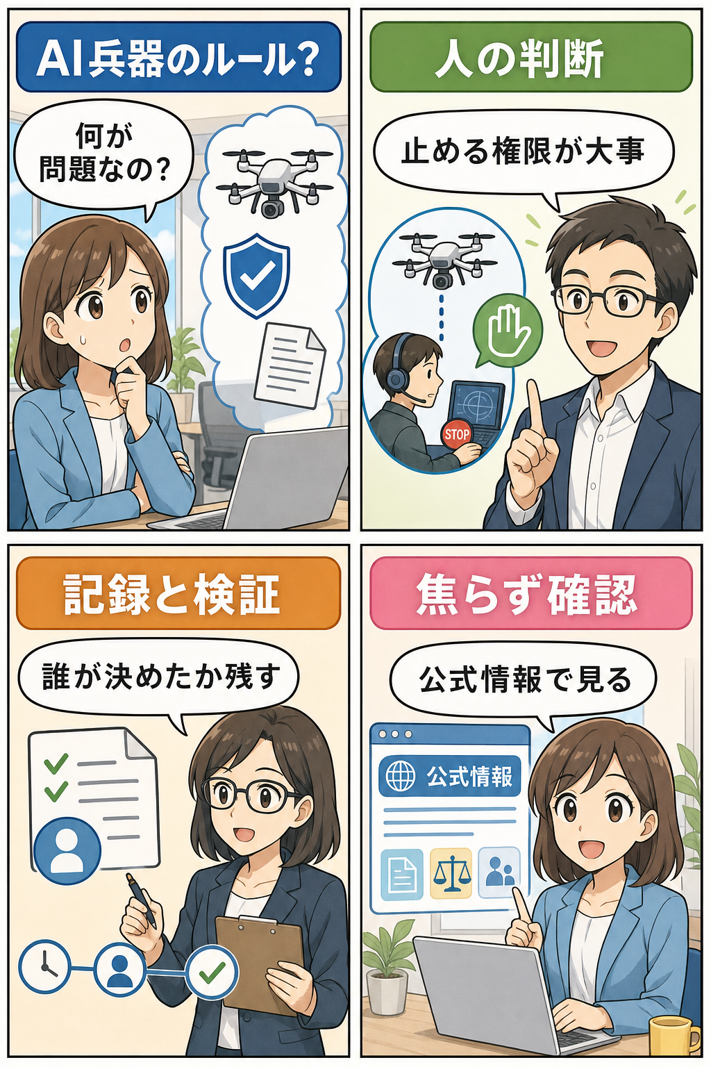 AI兵器の国際ルールと人間の判断を解説する4コマ漫画