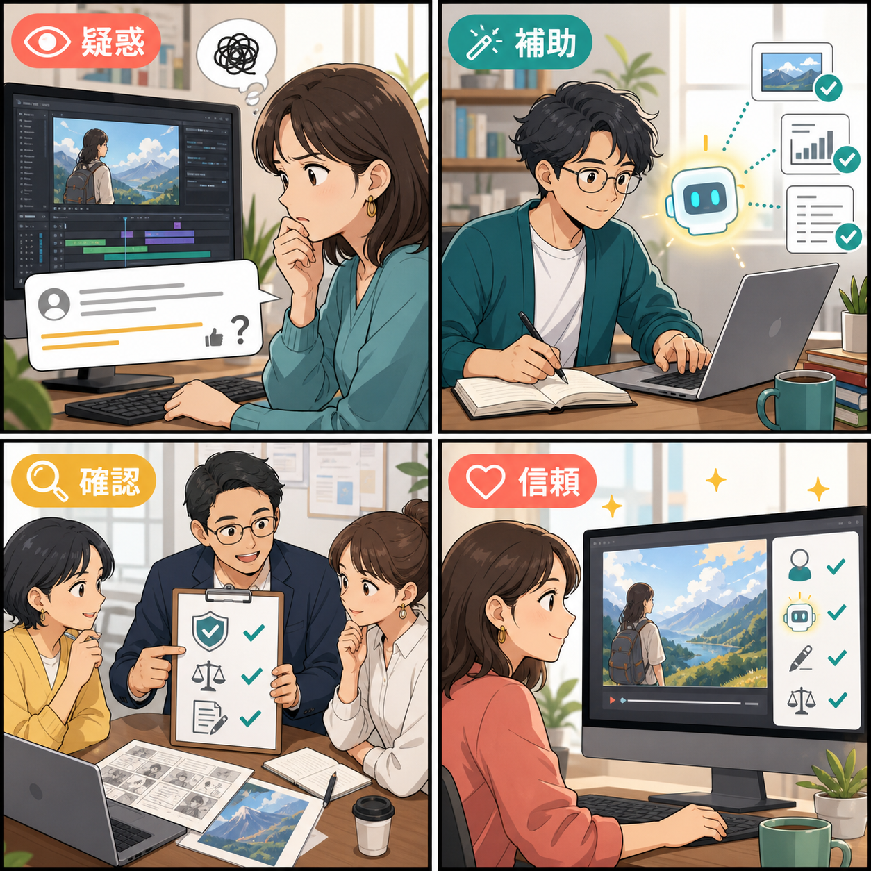 AI利用疑惑と創作現場の信頼を描く4コマ