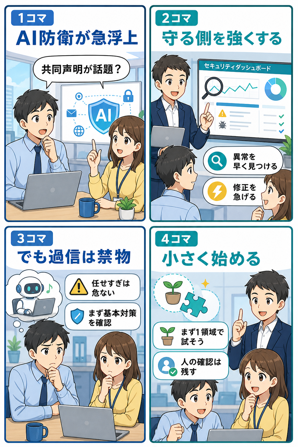 4コマ漫画：AIサイバー防衛共同声明の要点