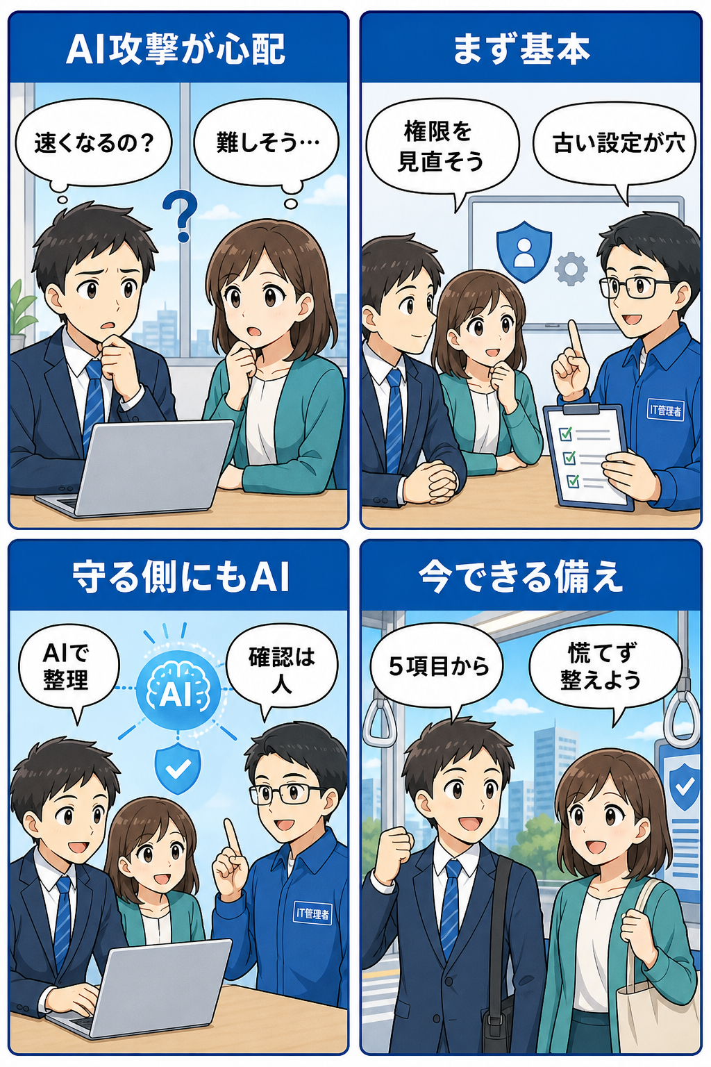AI時代のサイバー防衛をやさしく整理する4コマ漫画