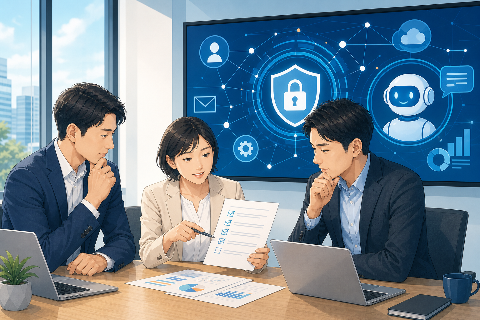 AI時代のサイバー対策ポイントを確認するビジネスチームのイメージ