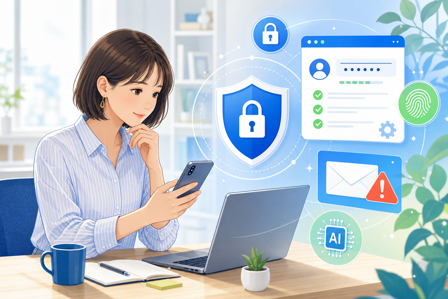 AIサイバー攻撃への備えを確認する人とセキュリティ画面