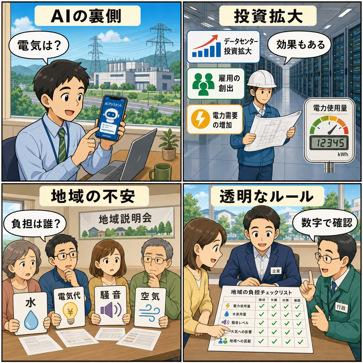 AIデータセンターの電力と地域負担を確認する4コマ漫画