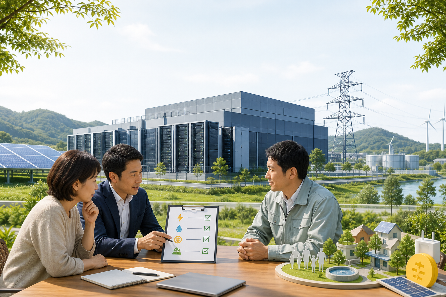 AIデータセンターと送電網を前に地域と企業が確認する場面