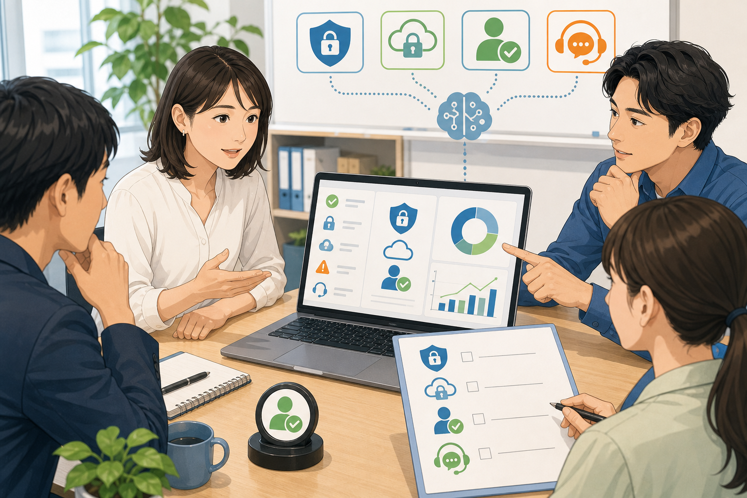 企業チームがAI利用時のセキュリティ、権限、承認、問い合わせ対応を確認する様子
