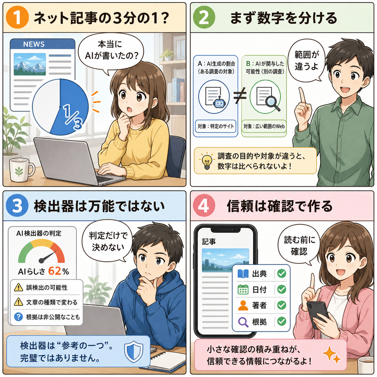 AI生成記事の数字を確認する読者向け4コマ
