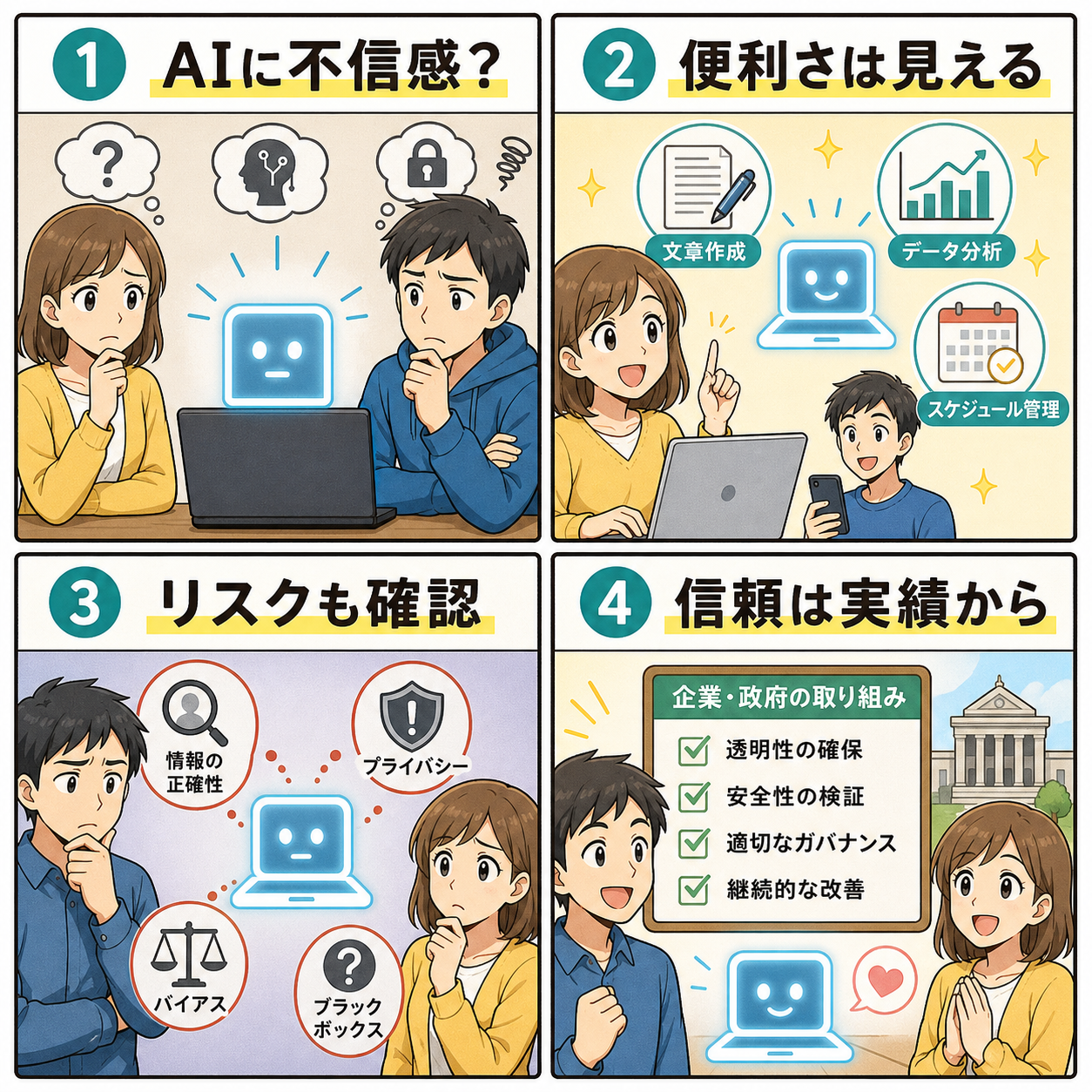 AIへの不信感、利便性、リスク確認、信頼形成を4コマで説明