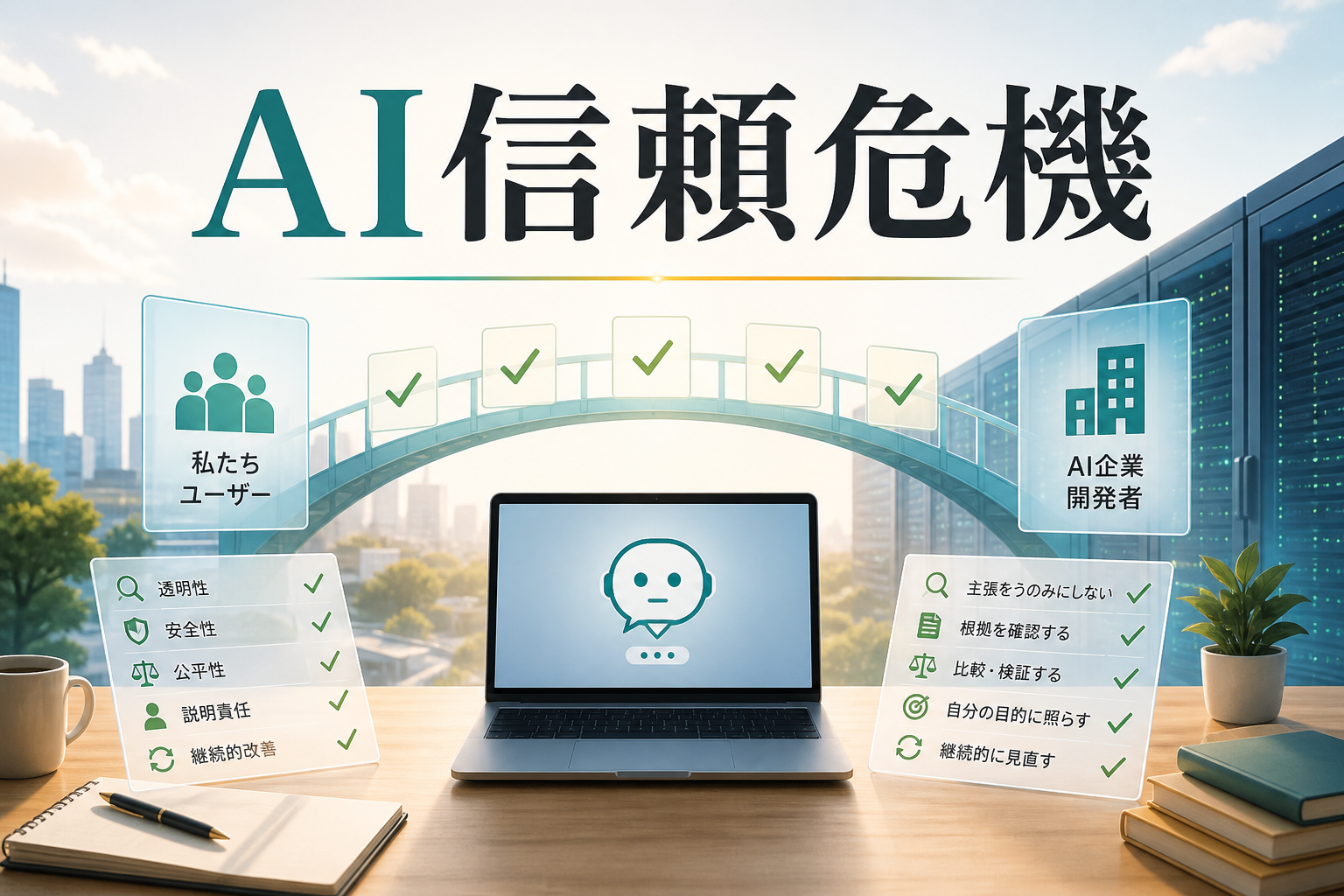 AI信頼危機と透明性、安全性、説明責任を示すアイキャッチ