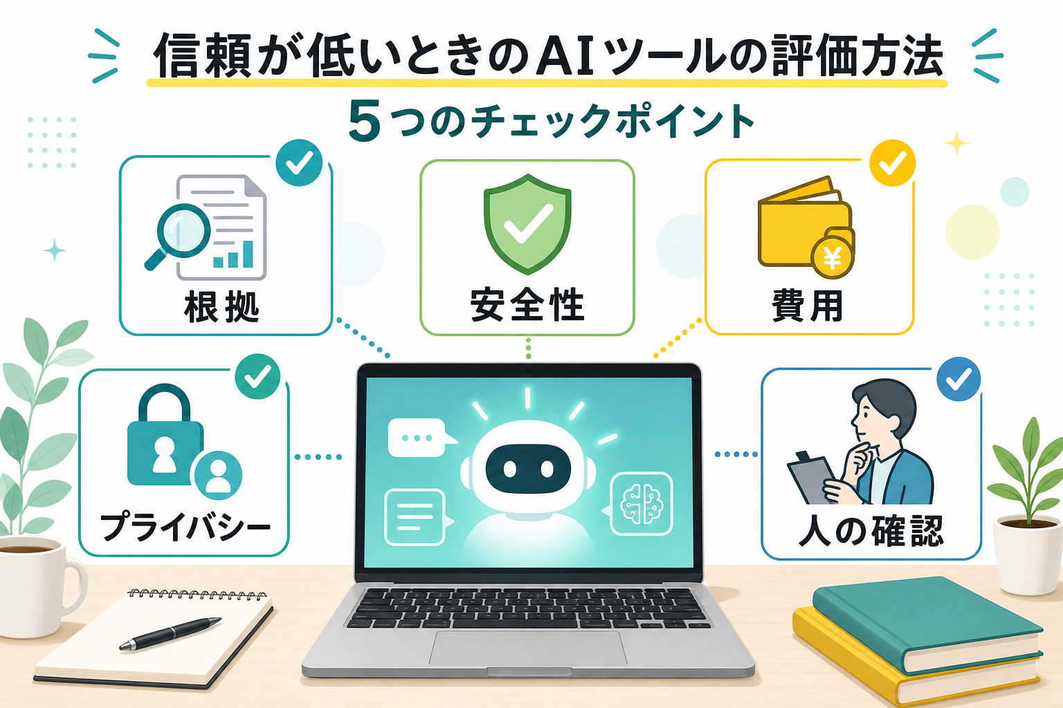 AIツールを根拠、プライバシー、安全性、費用、人の確認で評価する図