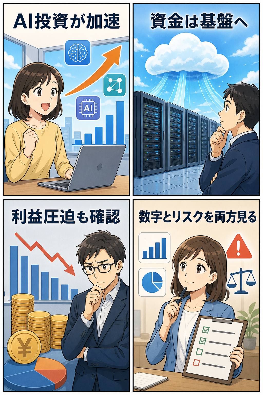 AlibabaのAIインフラ投資を数字とリスクの両面から確認する4コマ