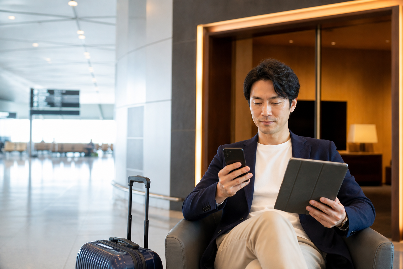 空港ラウンジ前で旅行会員特典を確認する利用者