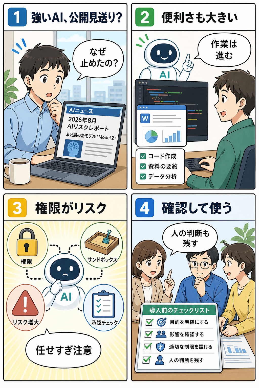 AIリスクレポートと権限設計を4コマで説明する漫画