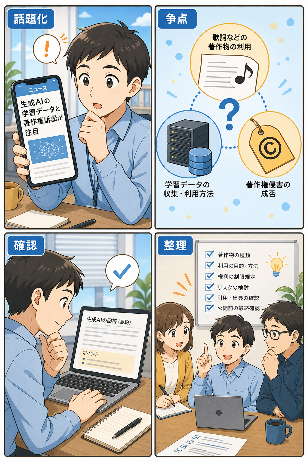 Anthropic提訴と生成AI著作権の論点をやさしく整理する4コマ漫画
