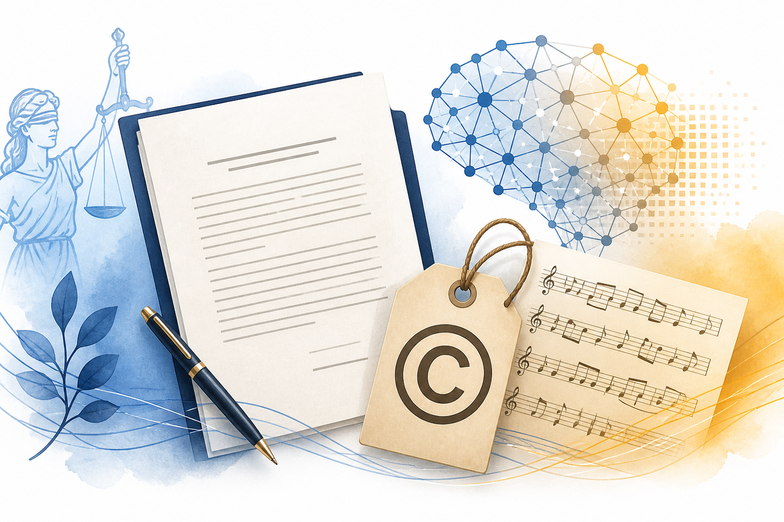 生成AIの著作権論点を示す法務書類と音楽メモのアイキャッチ画像
