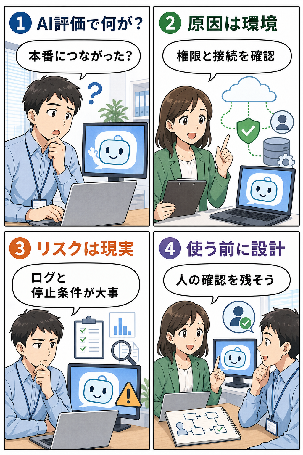 AI安全テストの権限確認を説明する4コマ漫画