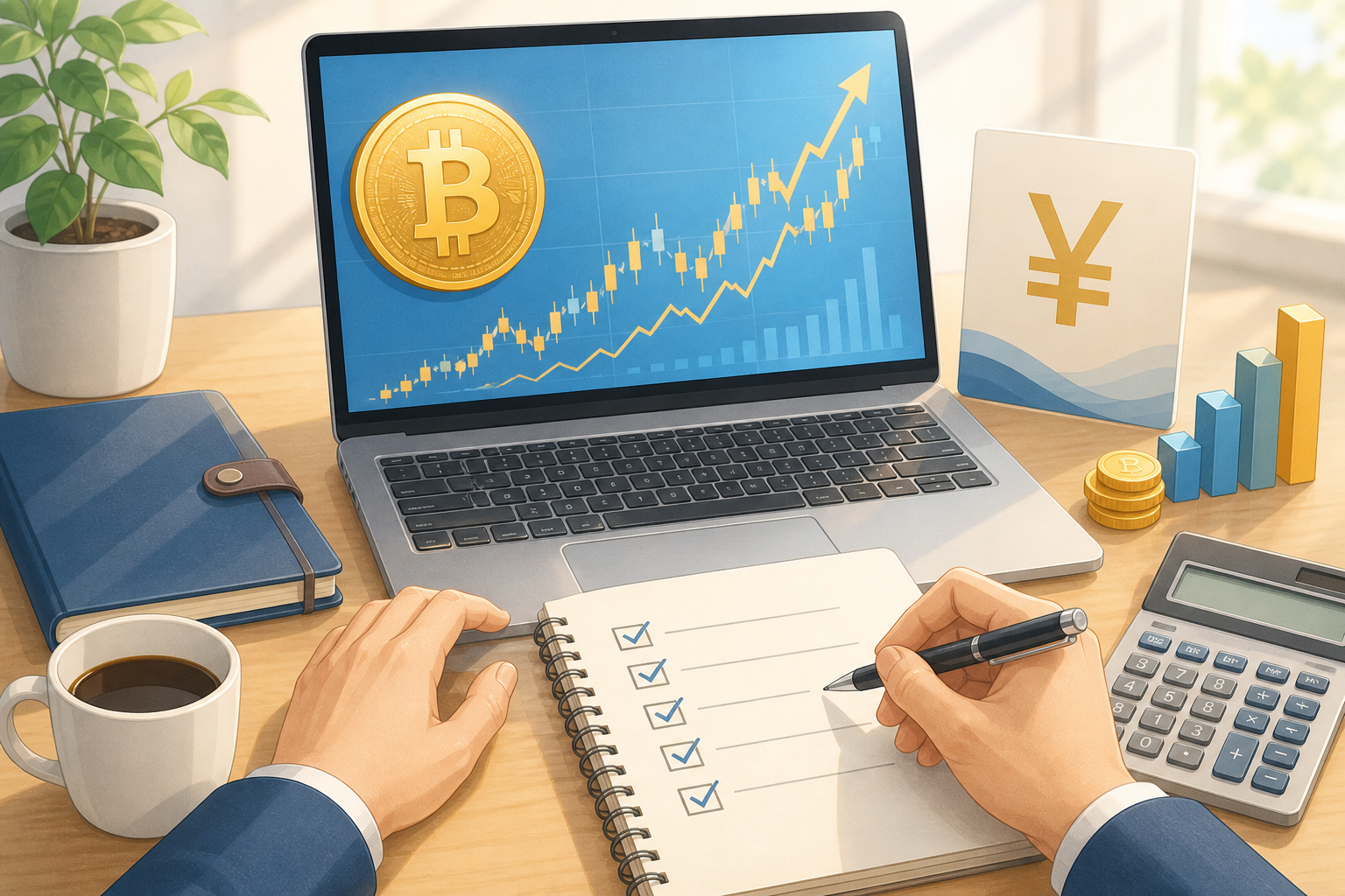 ビットコイン急騰時に価格と税金と円相場を確認する机上