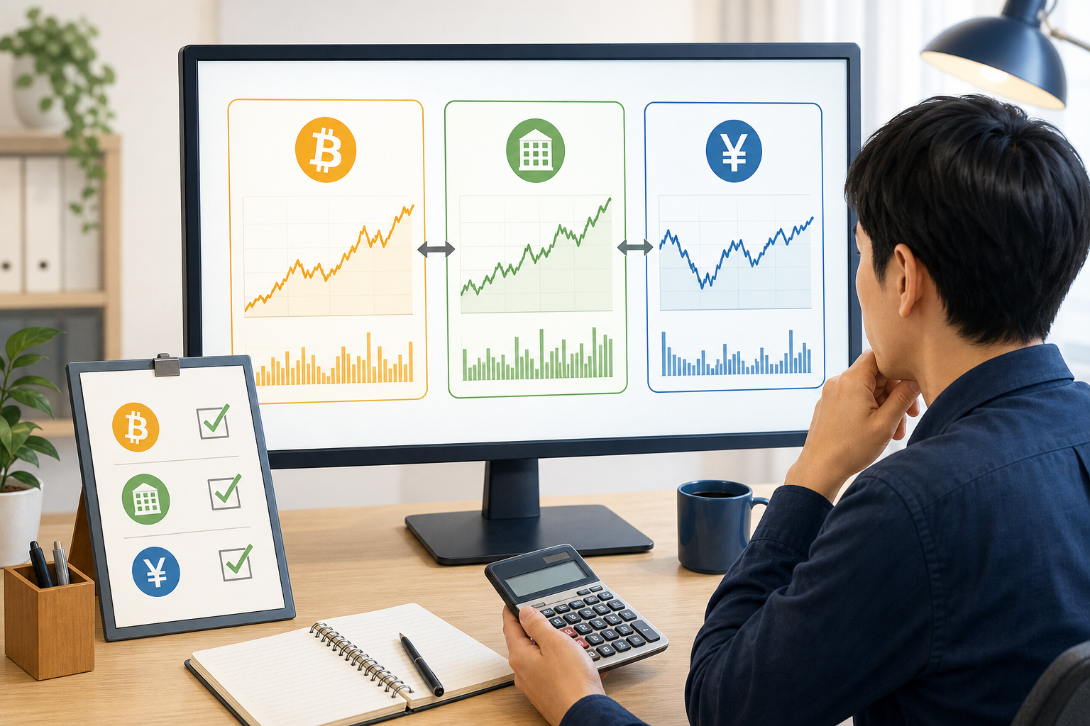 ビットコイン価格と関連株と円相場を分けて確認する画面
