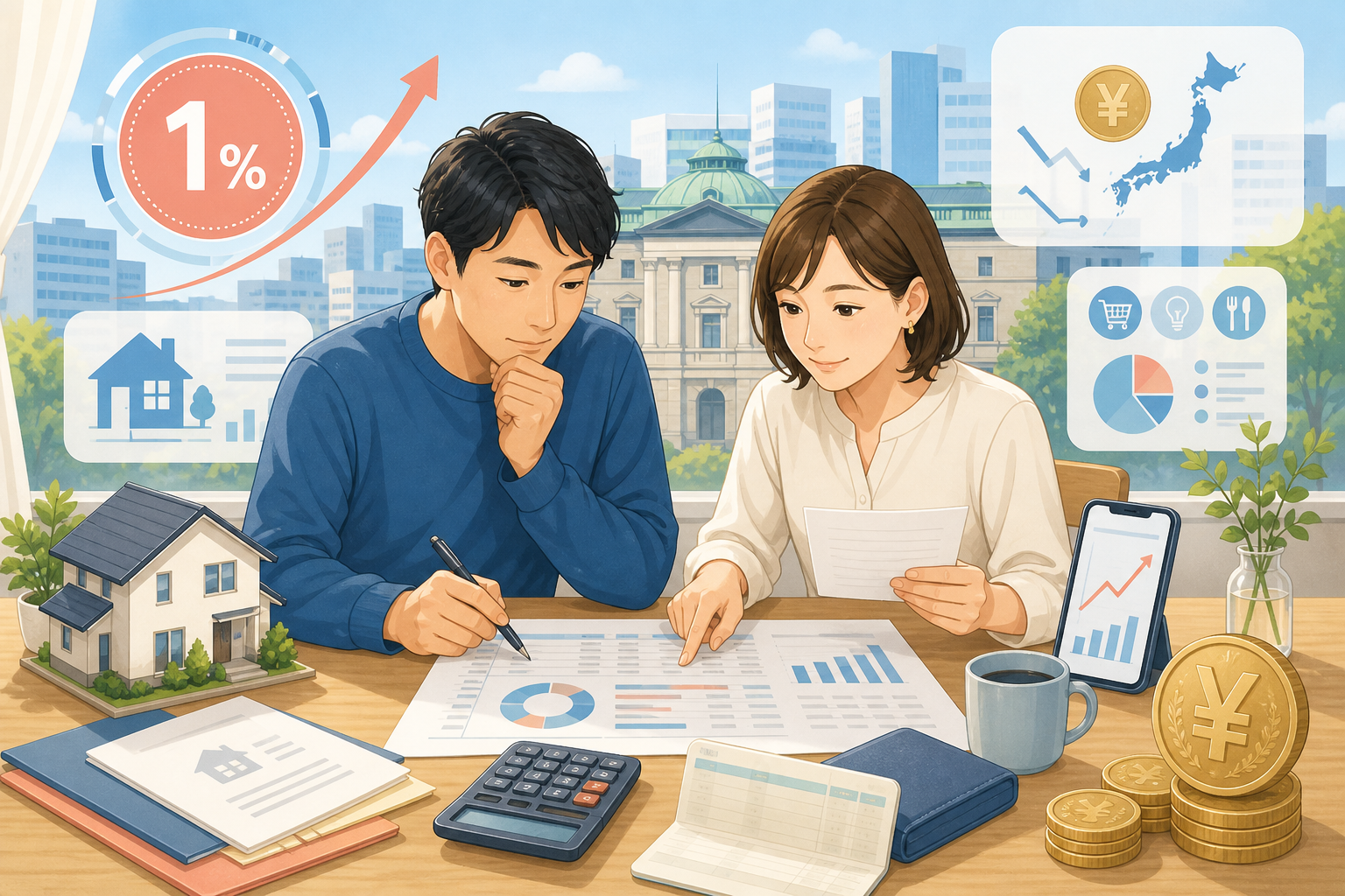 日銀1％台と住宅ローンや預金の見直しを考える家計イメージ