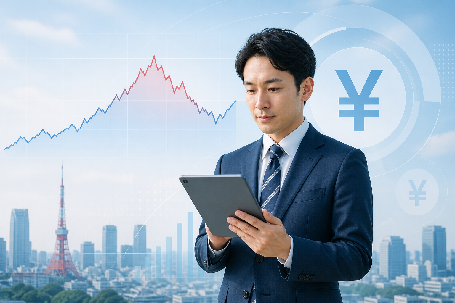 長期金利と円相場の動きを確認するビジネスパーソン