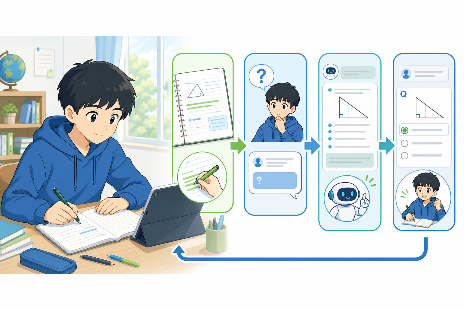 ChatGPT for Teensの学習フローを示すノート整理と段階学習のイラスト