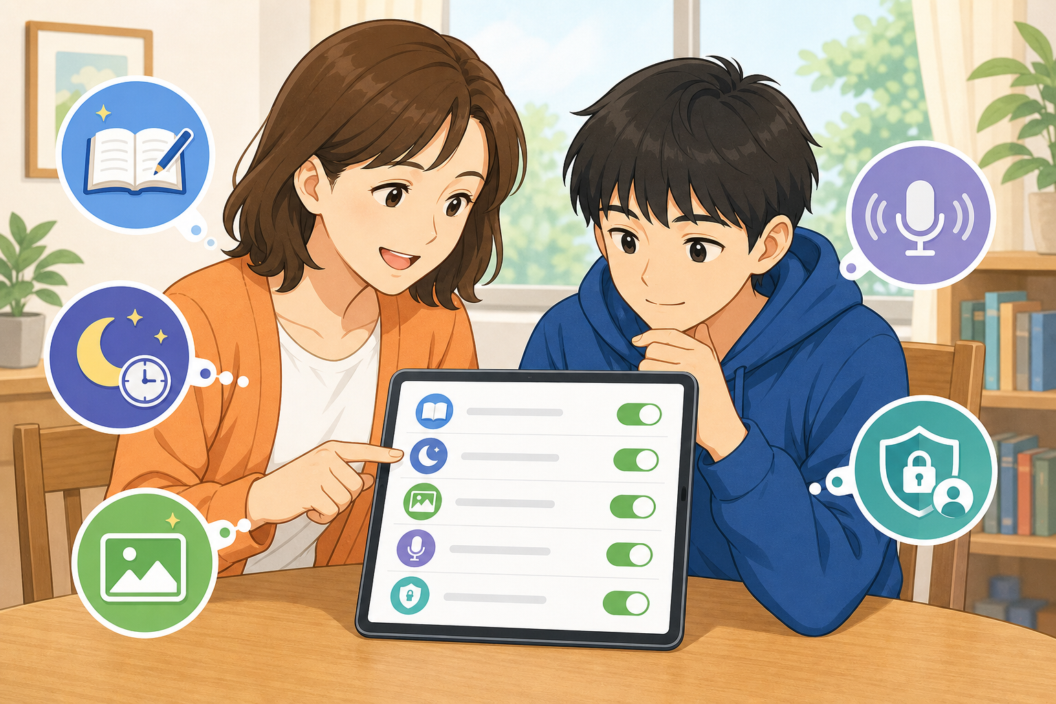保護者と10代が確認する設定項目を示すチェックリストのイラスト
