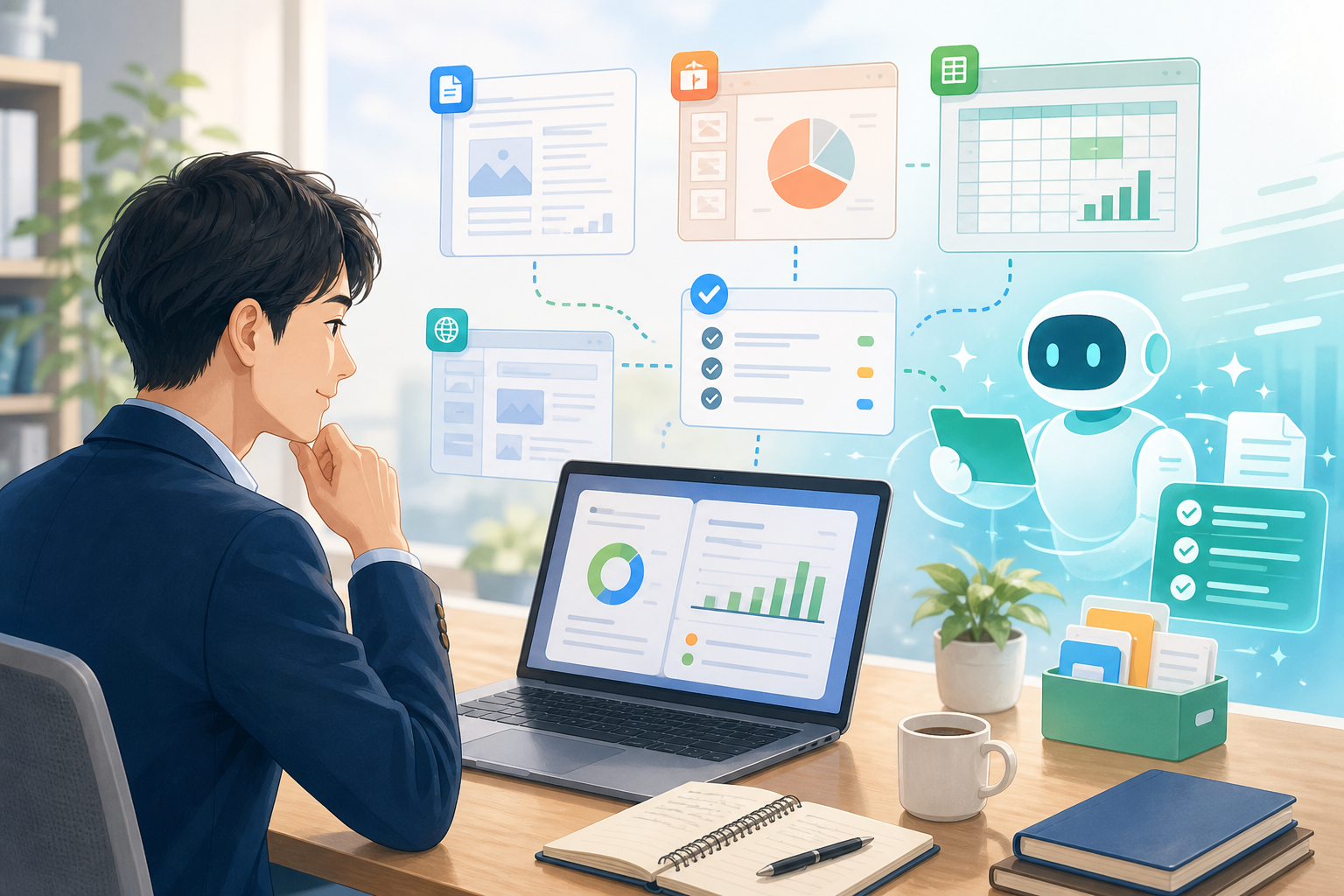 ChatGPT Workで資料作成と調査を進める仕事机のイメージ