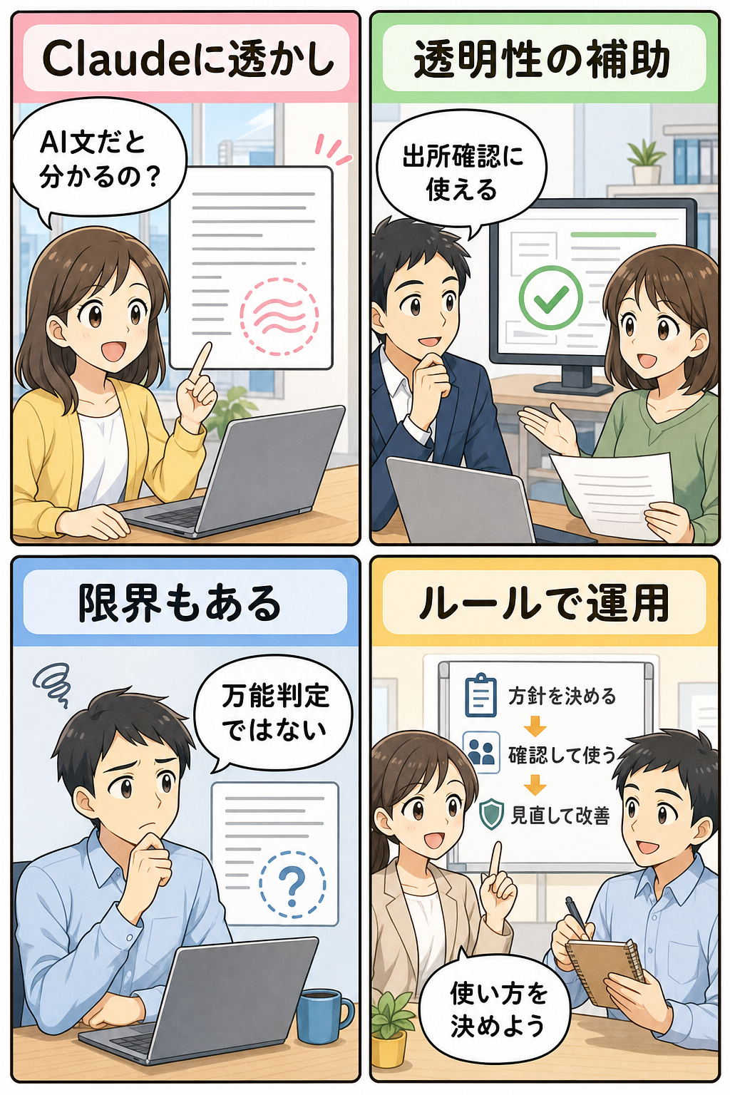 ClaudeのAI生成文に透かしと確認手順を示す4コマ図