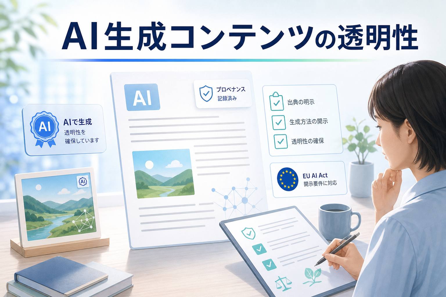 AI生成コンテンツの透明性と確認を示すアイキャッチ