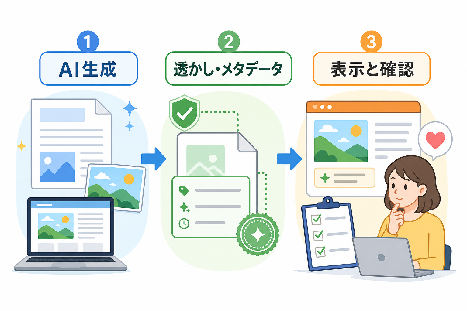 AI生成から透かし確認と表示までの流れ