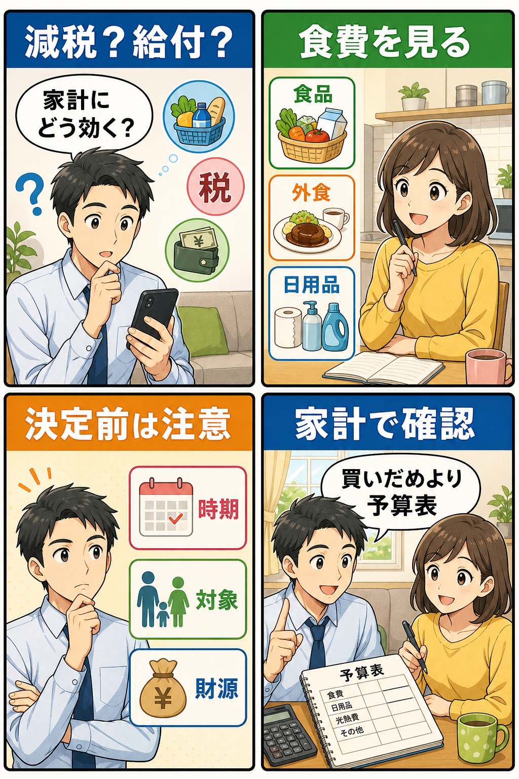 消費税減税と現金給付を家計目線で整理する4コマ漫画