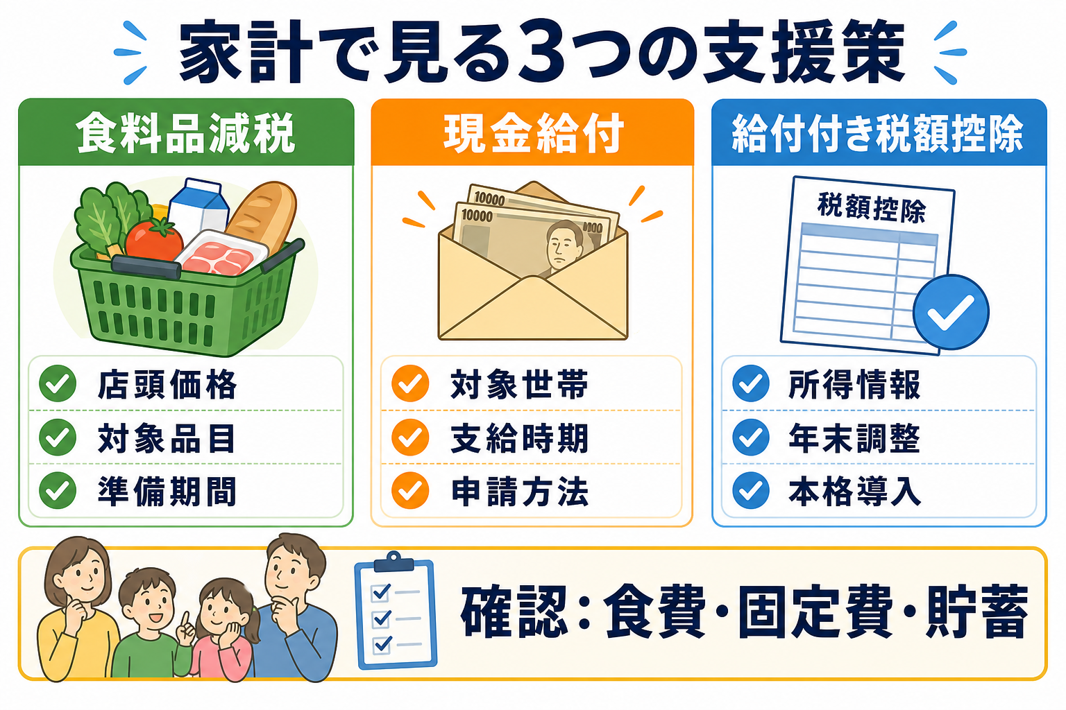 食料品減税と現金給付と給付付き税額控除を比較した図解