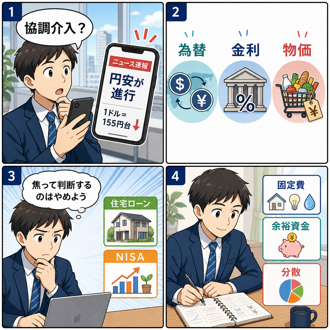 協調介入と円安ニュースを家計で確認する4コマ漫画