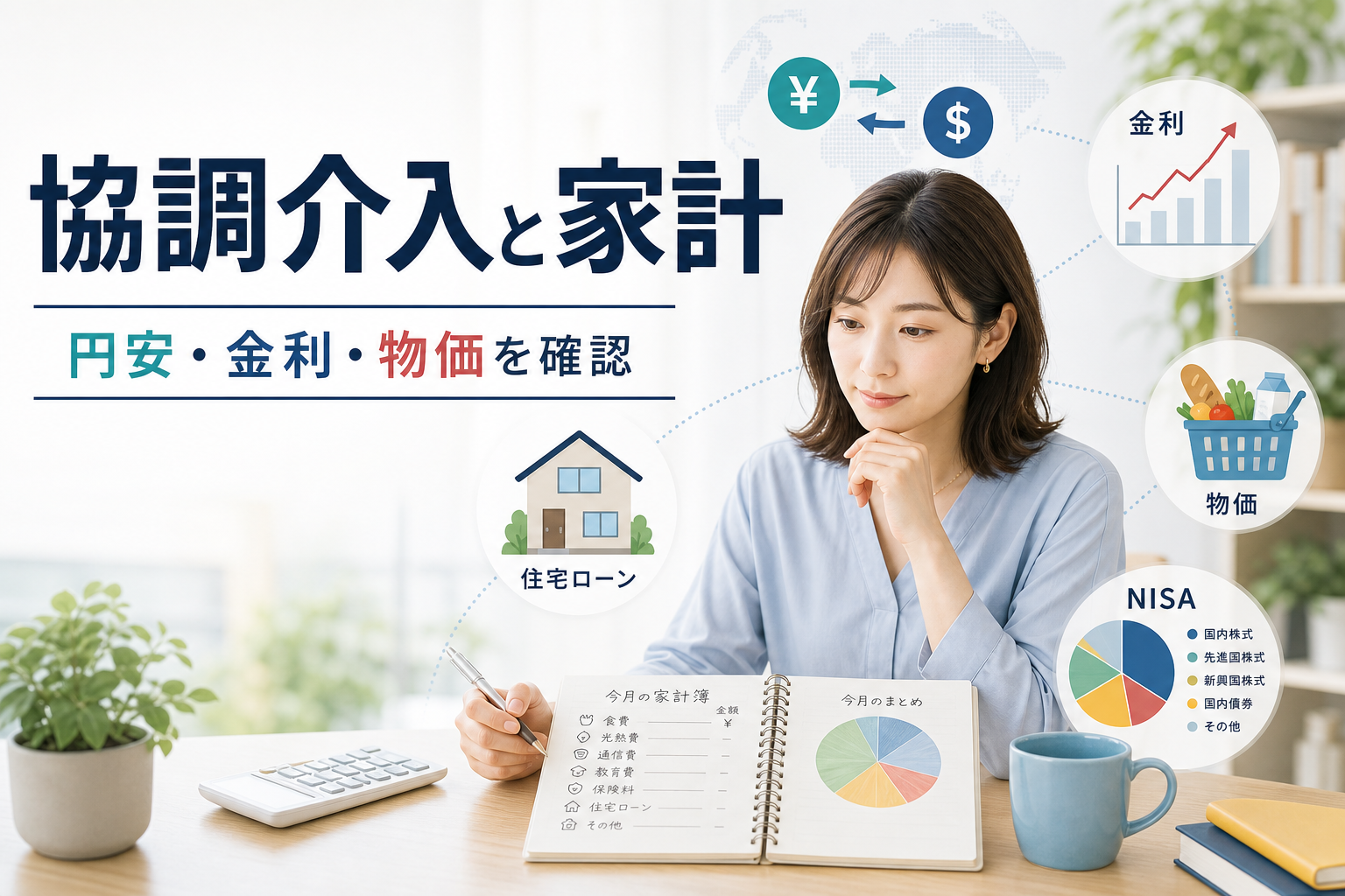 協調介入と円安を家計簿で確認する女性
