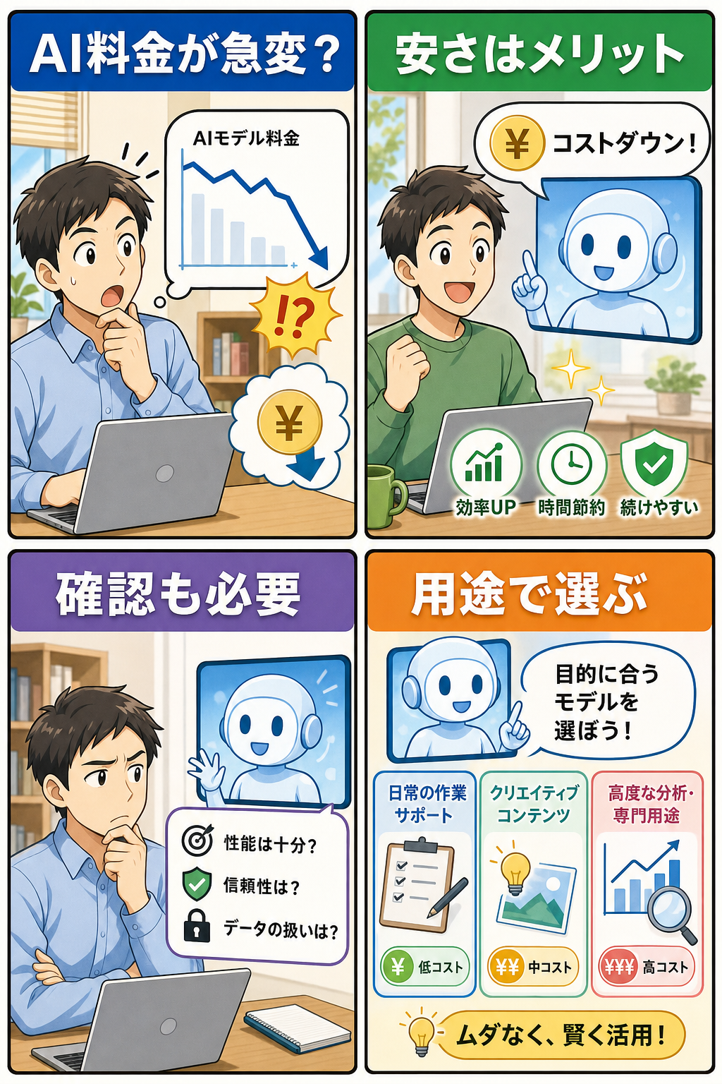 AI価格競争で安さと確認点を説明する4コマ漫画