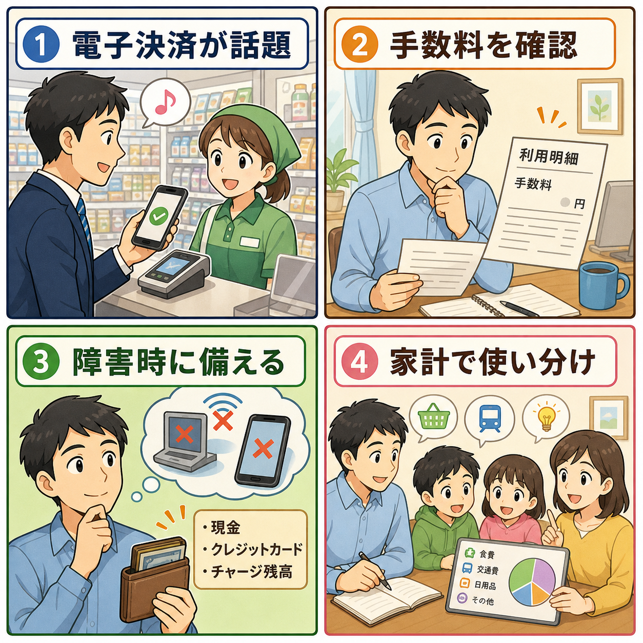 電子決済の手数料や障害時の備えを家計で確認する4コマ漫画