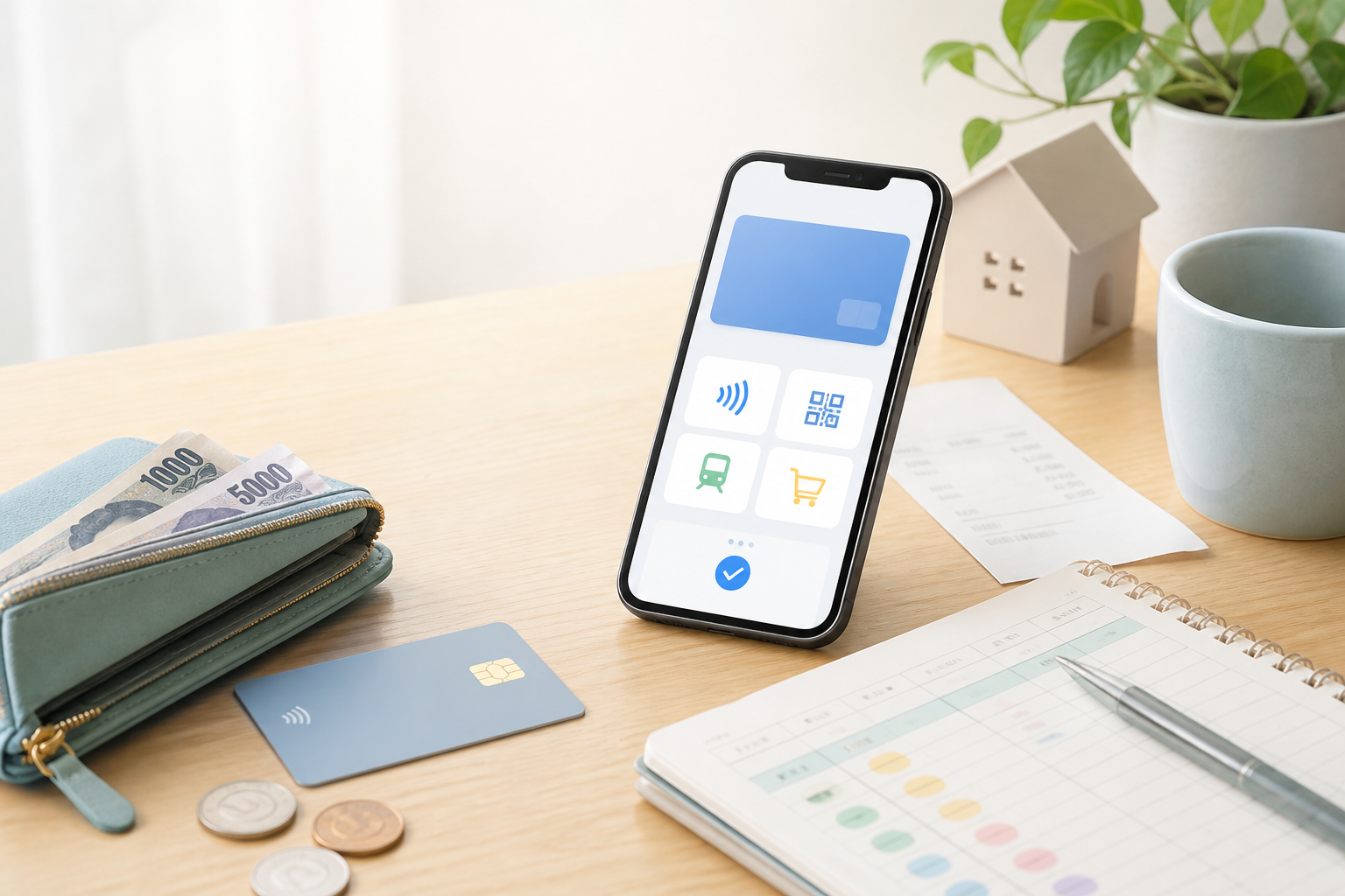 電子決済と家計簿を確認するスマートフォンと財布