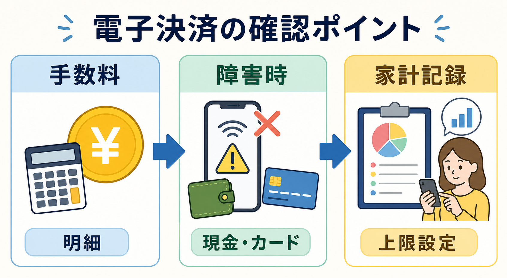 電子決済の手数料と障害時対応と家計記録を整理した図解